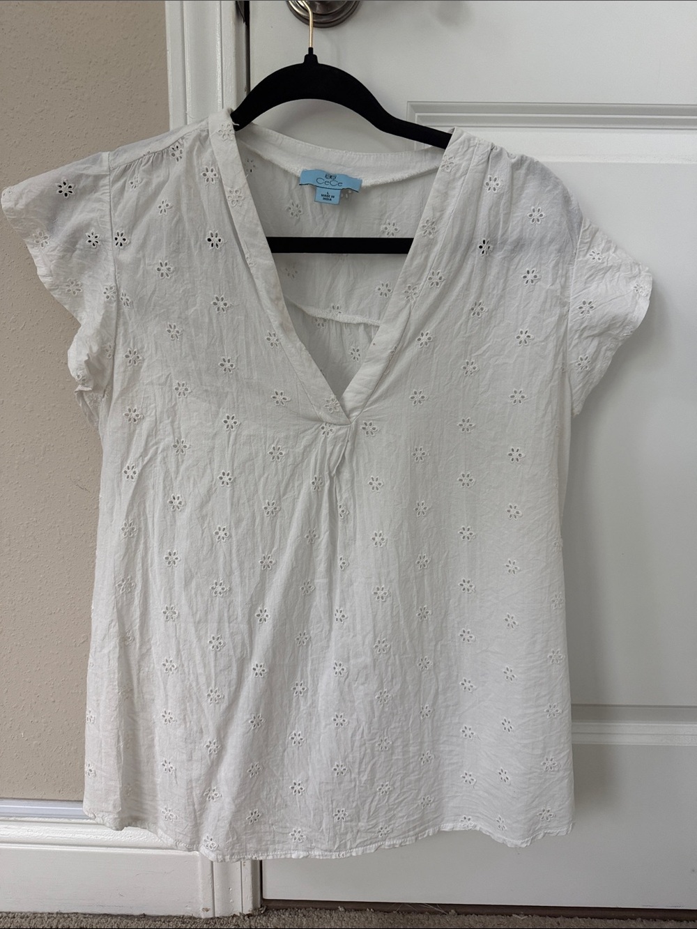 CeCe White Eyelet V-Neck Cotton Blouse